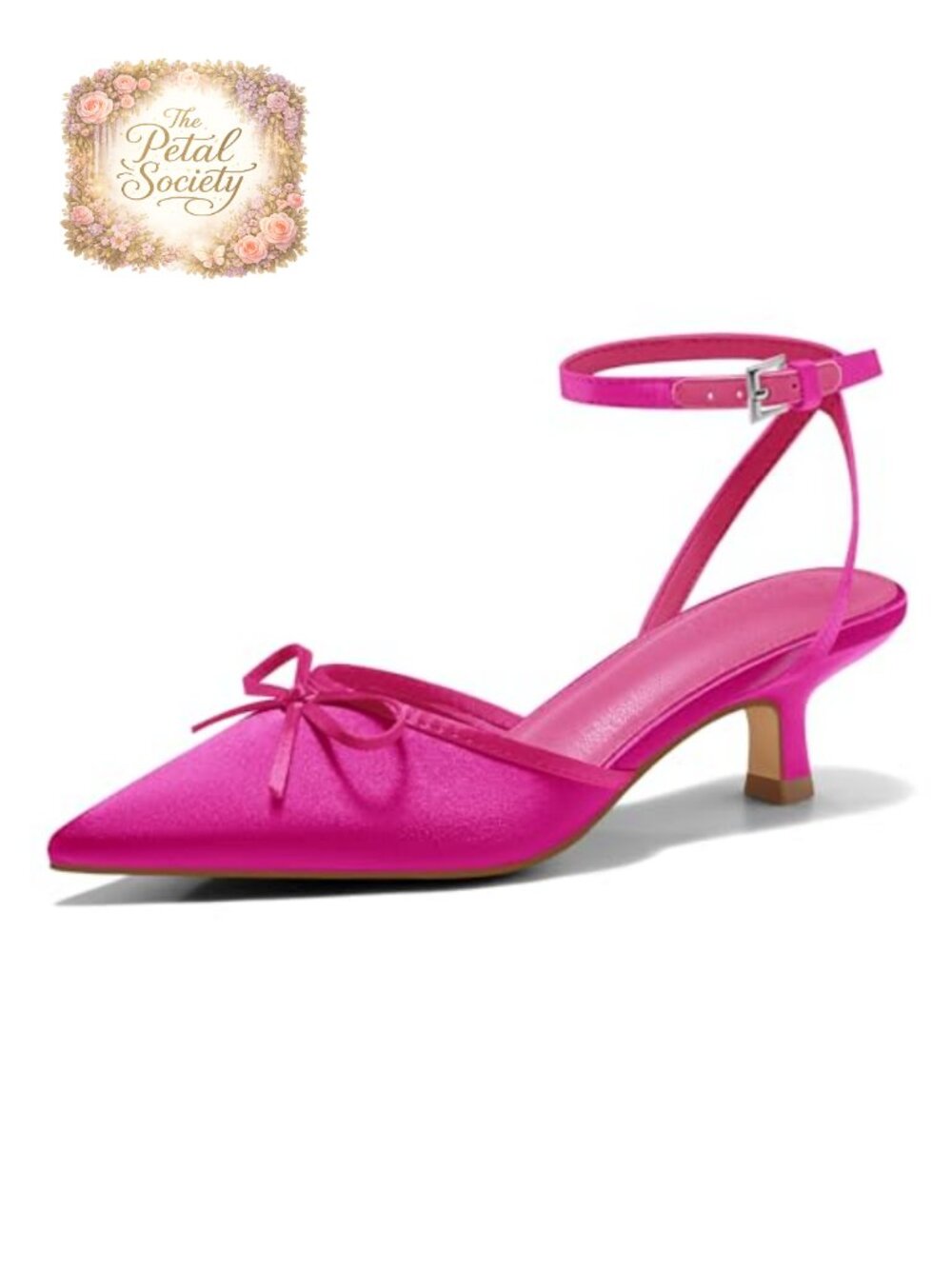Satin Kitten Heel Pointed Toe Bow Ankle Strap Dress Pumps